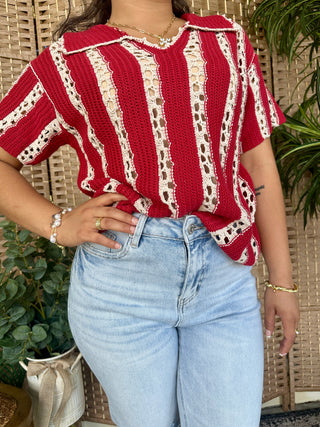 Alternate view of Red Crochet Striped Pointelle Top
