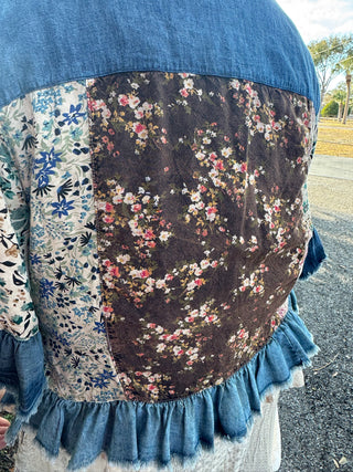 Alternate view of Young Threads Latte Patchwork & Denim Ruffle Hem Crop Jacket Top
