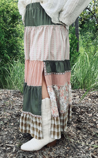 Stylish Olive Patchwork Tiered Ruffle Maxi Skirt by Easel, perfect for bohemian-inspired looks.