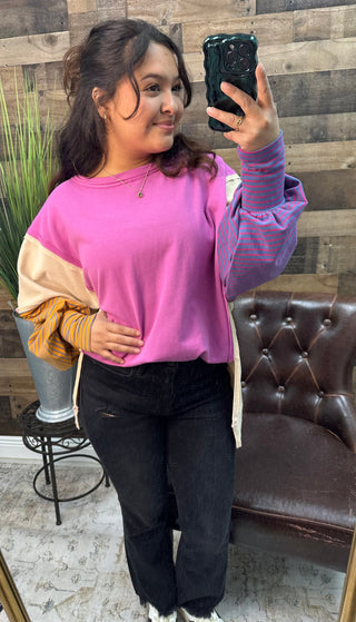 Orchid, Taupe & Mustard Stripe Color Block Sweatshirt