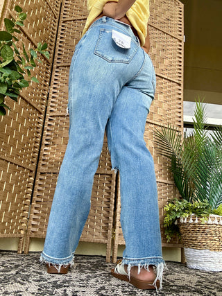 Alternate view of Mica T3261  Denim Light Wash Distressed High Rise Straight Jeans
