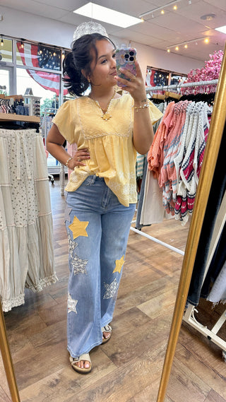Alternate view of Easel Yellow Hello Embroidered Top

