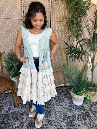 Light blue sleeveless kimono with cream ruffled hem and daisy appliqué details over white tank top.
