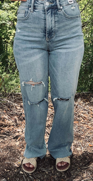 Judy Blue 88933 mid-rise tummy control distressed wide-leg jeans, stylish and flattering denim for a trendy look.