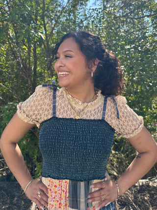 Alternate view of Young Threads Smocked Denim w/ Latte Patchwork Midi Dress
