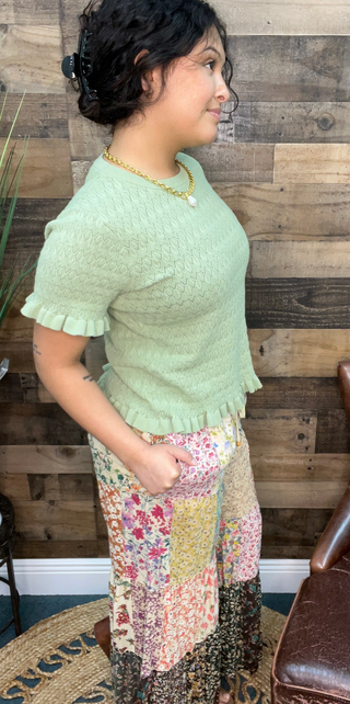 Listicle Light Sage Cable Knit Short Slv Ruffle Hem Sweater Top