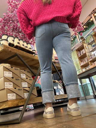 Vervet T7000 High Waist Crop Slim Straight w/ Rhinestone Cuff Jeans