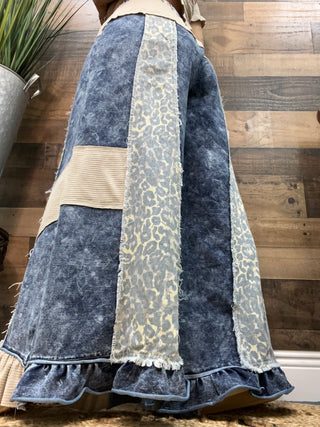 POL Denim & Leopard Wide Leg Ruffle Hem Pants