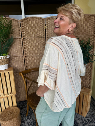 Peachy Keen Ivory & Peach Stitch Top OVERSIZED
