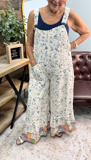 POL Cream Indigo Wide Leg Overall Jumpsuit
