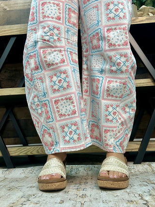 Peach Love Gypsy Fit Pink & Blue Floral Patchwork Printed Twill Denim Barrel Pants