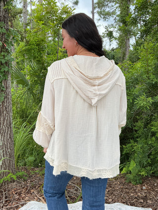 POL Natural Ivory Crochet Trim Zipper Shacket