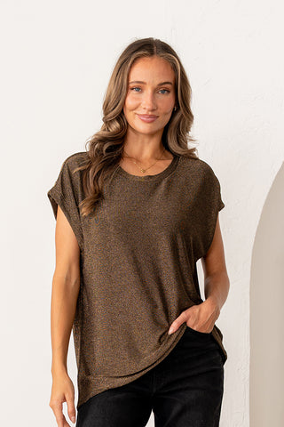 Sew In Love Golden Bronze Round Neck Short Sleeve Sparkle Top