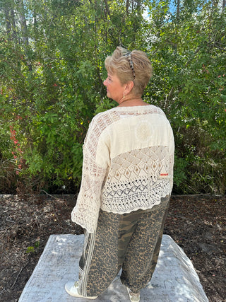 POL Natural Crochet Patchwork Style VNeck Top