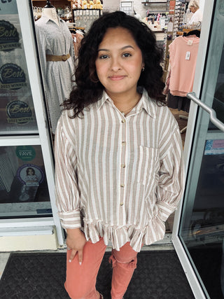 Easel Striped Linen Ruffle Hem Button Down Top (2 COLORS)