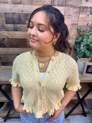 Peach Love Butter Yellow Ruffle Trim Short Slv Cardigan Sweater Top