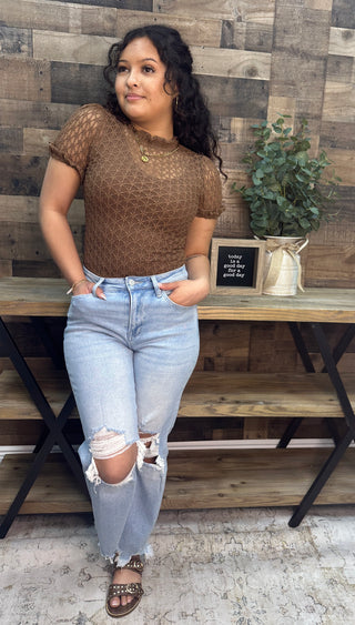 Easel BROWN Textured Mesh Short Sleeve Layering Top