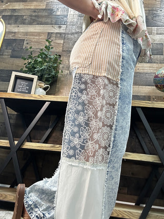 Alternate view of POL Acid Wash Denim, Lace & Stripe Barrel Leg
