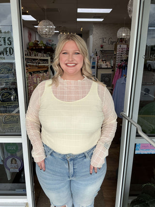 Easel Ivory Plaid Mesh Layering Top - Stylish, lightweight blouse perfect for layering, featuring a chic plaid pattern.