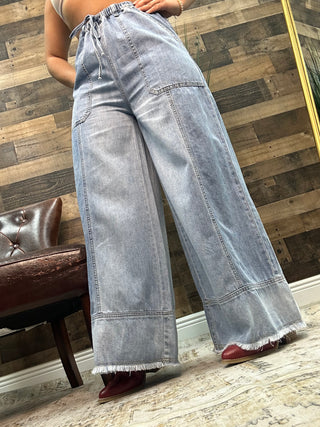 Light Denim Drawstring Waist Cargo Pocket Pants