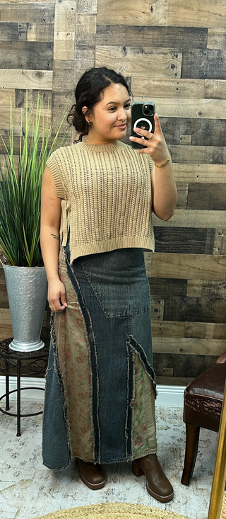 Western Boho Patch Inserted Denim Midi Skirt