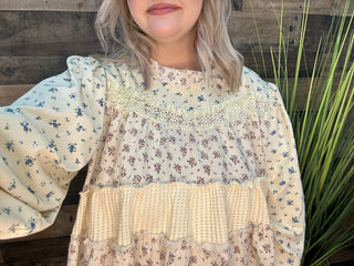 POL Ivory Ditsy Floral Tiered Ruffle Pearl Accent Top