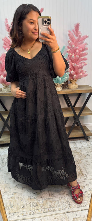 Polagram Black Textured Tiered Puff Sleeve Midi Dress