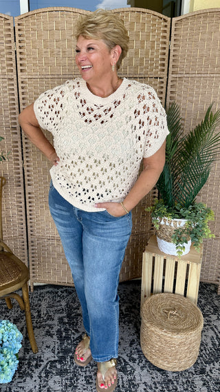 Alternate view of Vacay Ready Open Weave Oatmeal Sweater Top
