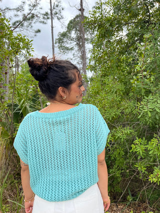 Light blue crochet short-sleeve top with open knit pattern and crew neckline.
