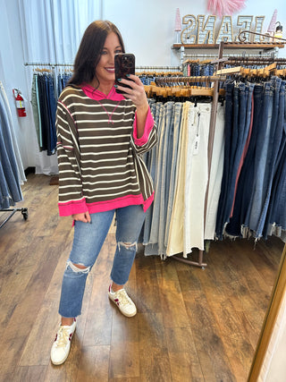 Fantastic Fawn Chocolate & Fuschia Thermal Stripe Hoodie