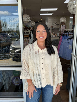 POL Natural Ivory Mixed Fabric Oversized Top - stylish design in elegant ivory, perfect for a relaxed and trendy look.