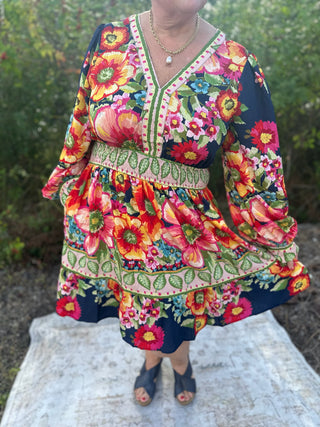 Oddi Navy Floral Border Printed Dress w/ Smocked Waist & Balloon Sleeves