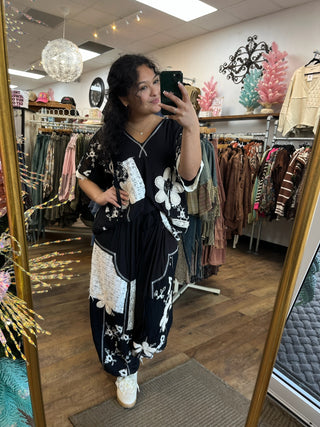 POL Black & Ivory Floral Crochet Joggers