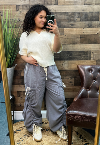 Dusty Blue Contrast Twill Tape Elastic Waist Jogger Parachute Pants