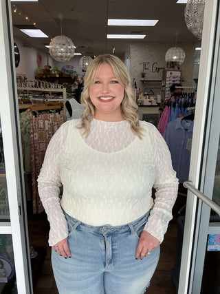 Cream Embroidered Long Sleeve Layer Top with floral design, perfect for adding elegance and style to any outfit.