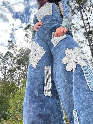 POL Denim Crochet Patchwork Wide Leg Overalls