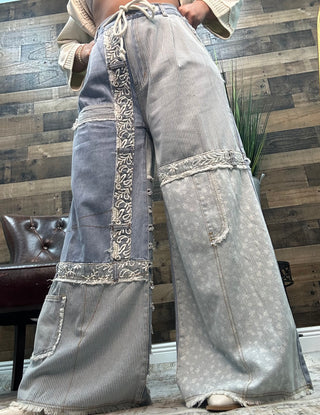 POL Denim Patchwork Raw Edge Lace Accent Wide Leg Pants