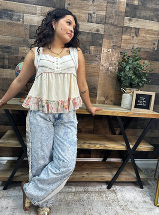 Alternate view of POL Acid Wash Denim, Lace & Stripe Barrel Leg
