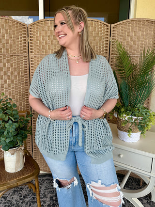 Alternate view of Take It Easy Seafoam Open Weave Cardigan Top
