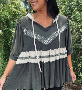 Stylish POL Olive & Charcoal Short Sleeve Pearl Top with unique pattern, perfect blend of fashion and comfort for any occasion.