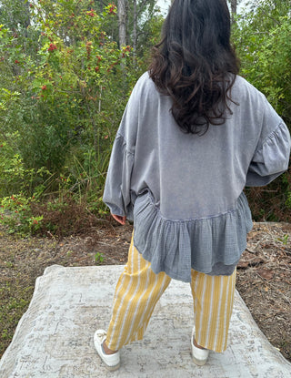 Blue Velvet Faded Navy Round Neck Mixed Fabric Hem Top