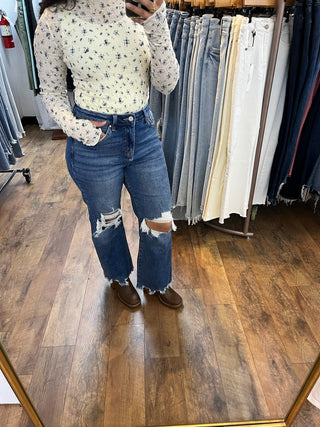 Ivory Ditsy Blue Floral Print Long Slv Layering Top