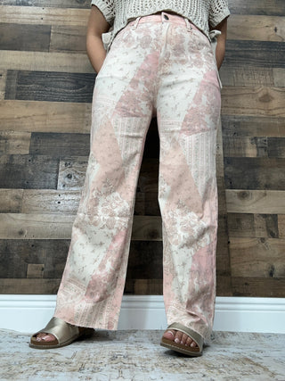 Easel Vintage Rose Patchwork Print Stretch Twill Pants