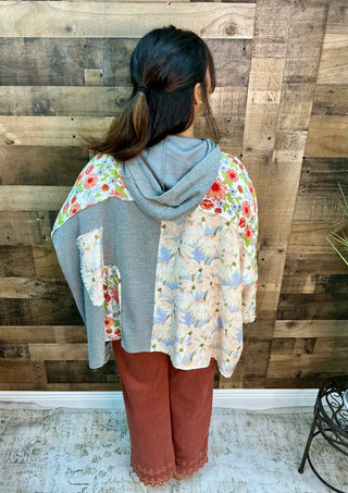 POL Heather Gray Half Placket Mixed Fabric Boxy Top Oversized