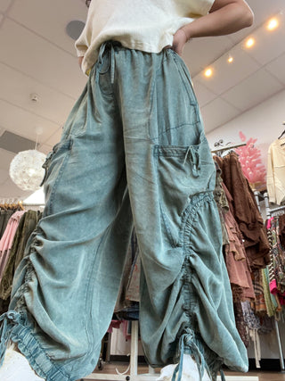 Teal Cargo Elastic Waist Jogger Parachute Pants