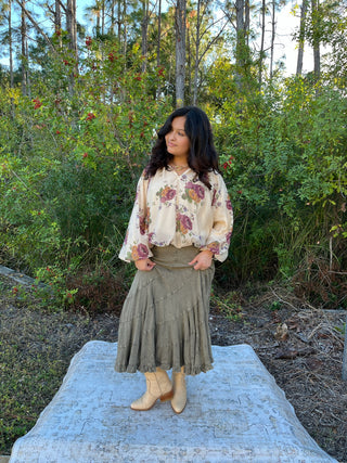 Entro Ecru & Wine Floral Long Slv Bubble Hem Top