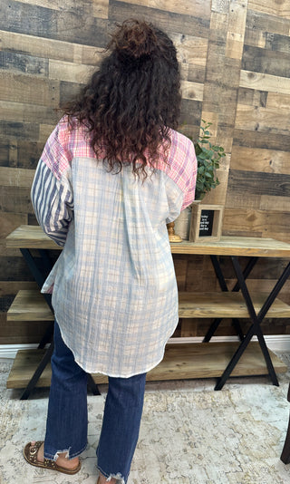 Alternate view of Like Love Blue & Pink Button Down Plaid Stripe Mix Top
