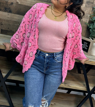 POL Pink & Blush Chenille Crochet Cardigan Shrug Top One Size