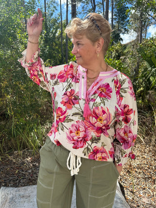 Oddi Pink Romantic Floral Top w/ Stripe Contrast