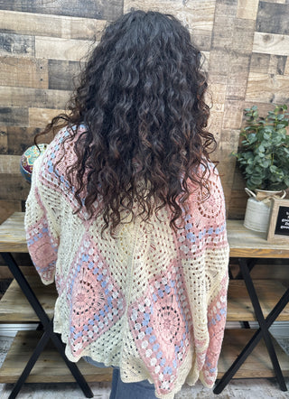 POL IVORY & PINK 3/4 Slv Cardigan Granny Square Crochet Sweater Top